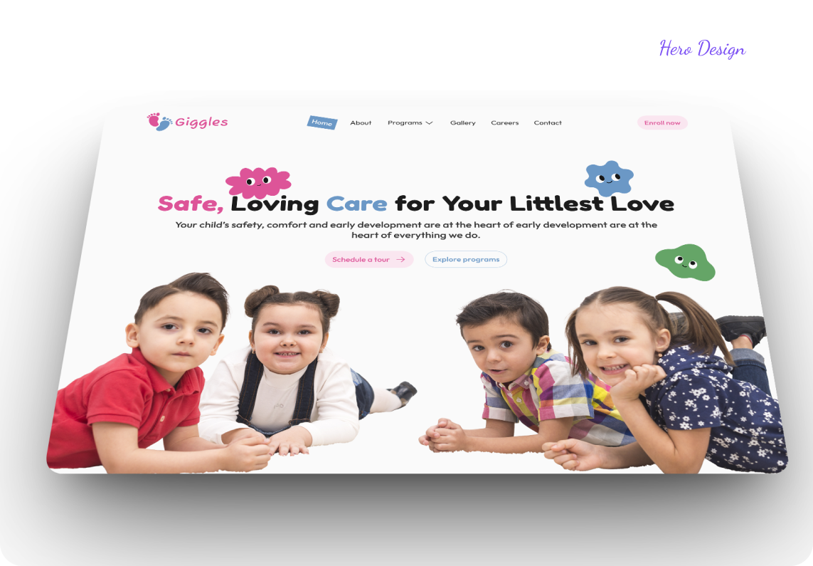 Giggles hero design — Safe, Loving Care for Your Littlest Love — showing the main website homepage with children and mascot characters